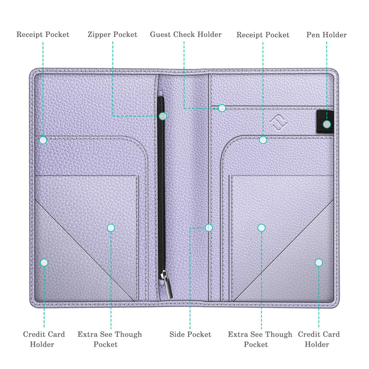 Server Book Organizer with Zipper Pocket, PU Leather Restaurant Guest Check Presenters Card Holder for Waitress, Waiter, Bartender (Lilac Purple)