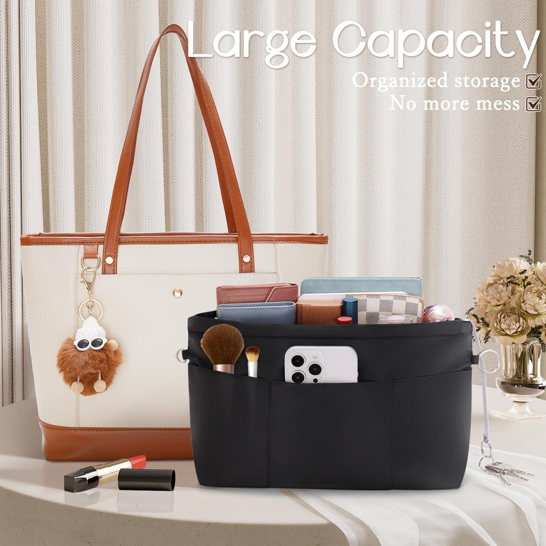Purse Organizer Insert with Zipped Top for Tote Bag, Handbag Shaper with 13 Pockets, Black M