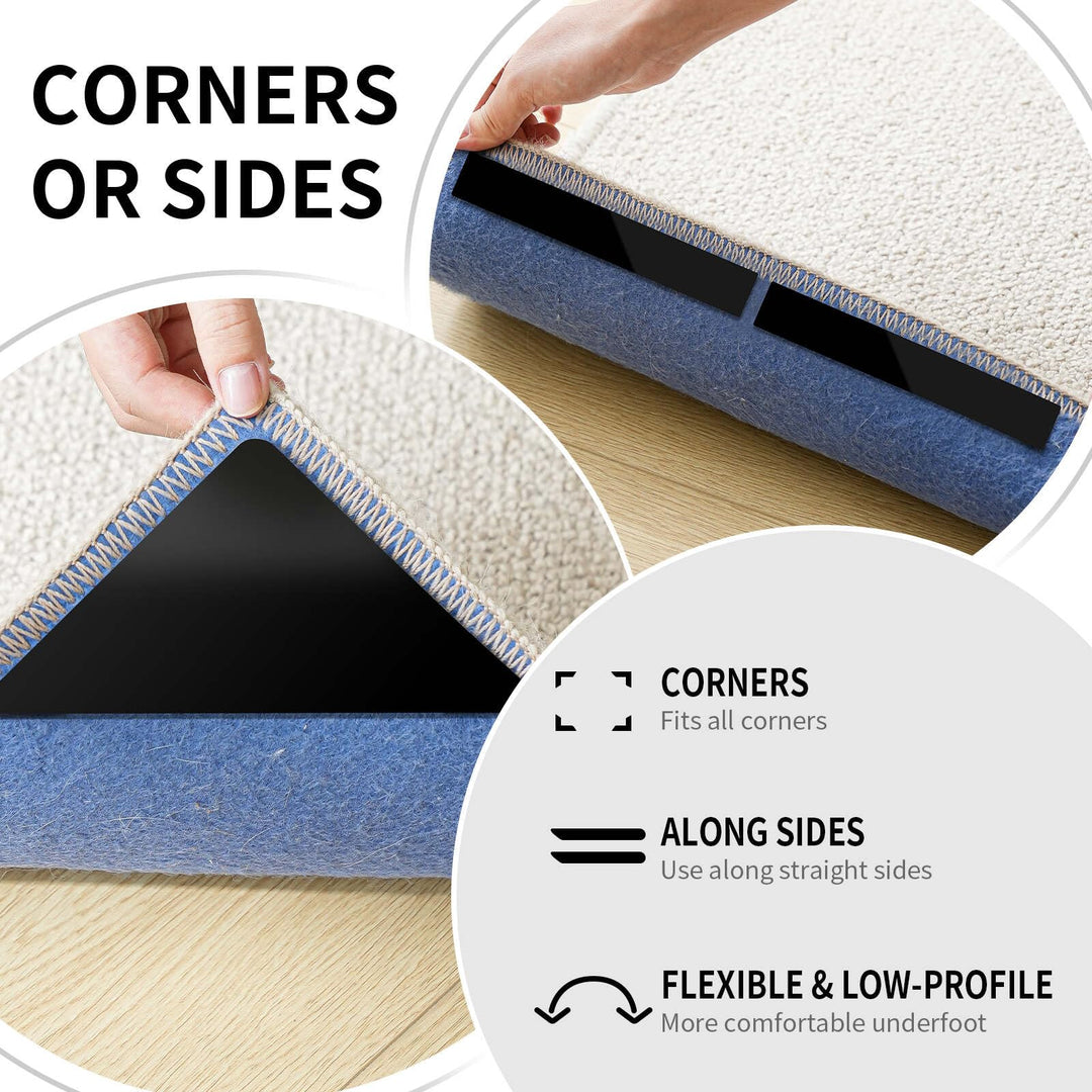 12PCS Non Slip Rug Grippers, Rug Pads Grippers, Rug Tape Anti Slip Carpet Pads Rug Corner Gripper for Hardwood Floors/Tile/Mats/Keep Area Rugs Flat and Easily Peel Off (Black)