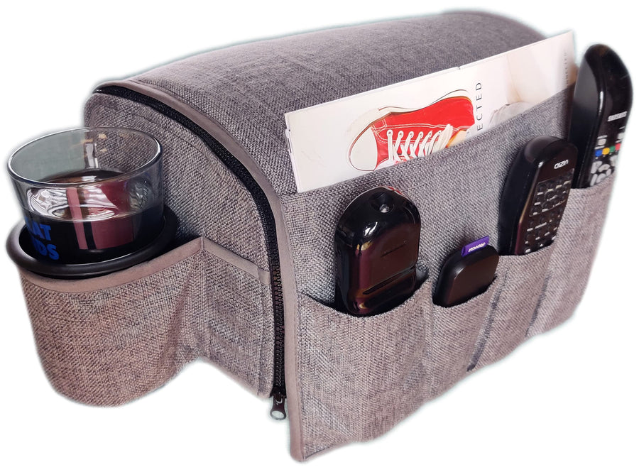 Couch Cup Holder Caddy - Armchair Caddy Remote Control Holder Armrest Organizer Recliner Cup Holder Non Slip Arm Chair Couch Cup Holder 6 Storage Pockets wt Drink Caddie Gray (8 Inches)