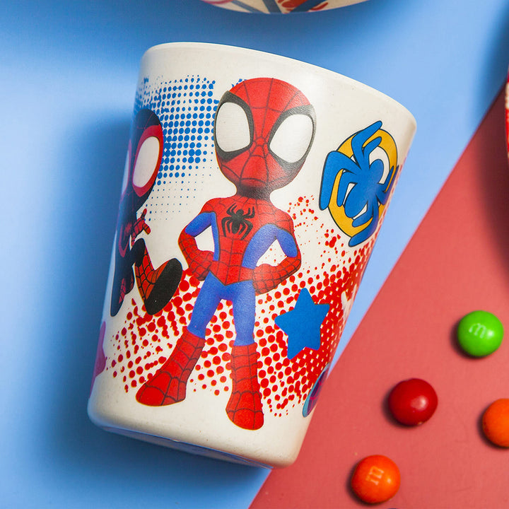 Marvel Spider-Man Dinnerware Set for Kids Includes 8 Plate, 6 Bowl, and 10oz Tumbler, Durable and Sustainable Melamine Bamboo Material (3-Piece Set, Spidey and His Amazing Friends)