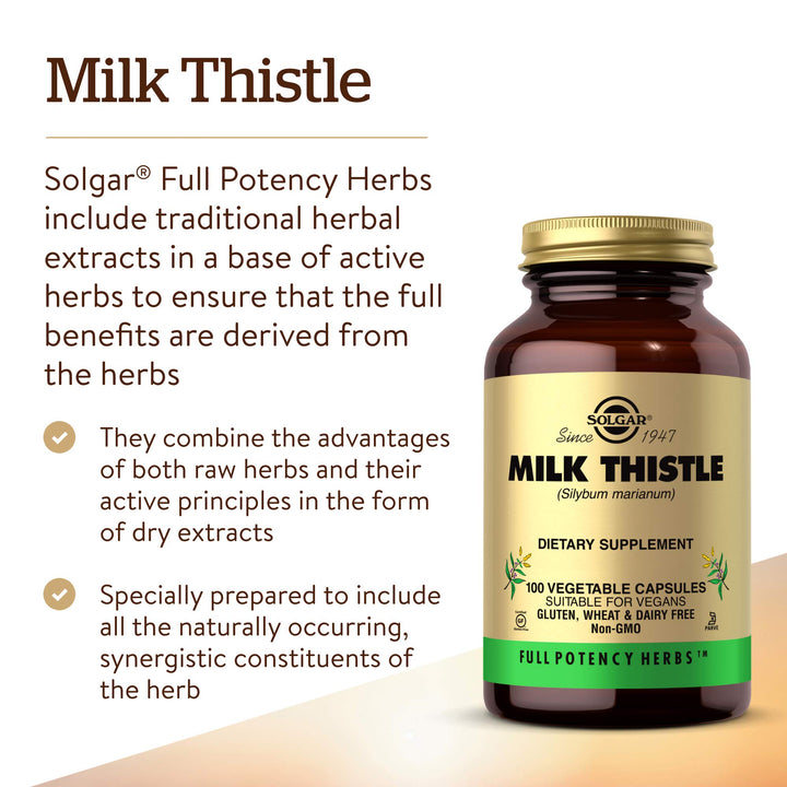 Solgar Milk Thistle, 100 Vegetable Capsules - Liver Support - Full Potency (FP) - Non-GMO, Vegan, Gluten Free, Dairy Free, Kosher - 100 Servings