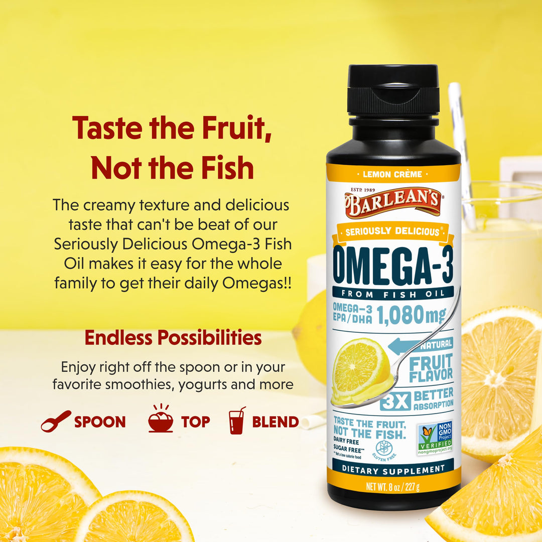 Barlean&#39;s Lemon Crème Omega 3 Fish Oil Liquid Supplement, 1080mg of Omega 3 EPA &amp; DHA Fatty Acid, Smoothie Flavored &amp; Burpless for Brain, Joint, &amp; Heart Health, 8 oz
