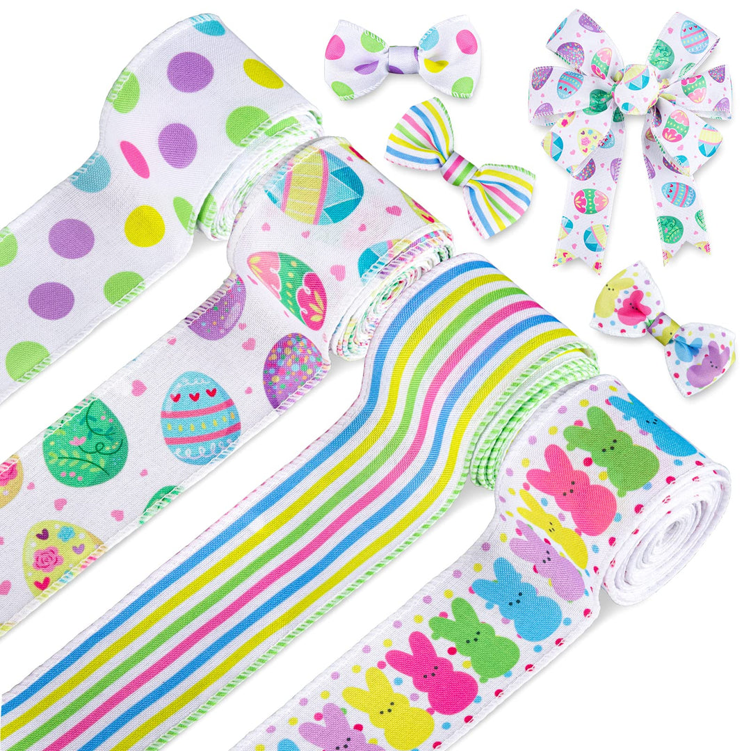 Easter Wired Edge Ribbon 4 Roll 24 Yards Easter Egg Bunny Rabbit Colorful Dot Line Spring Craft Ribbon for Crafts Bow Wreaths Gift Wrapping Party Holiday DIY Decor Supplies