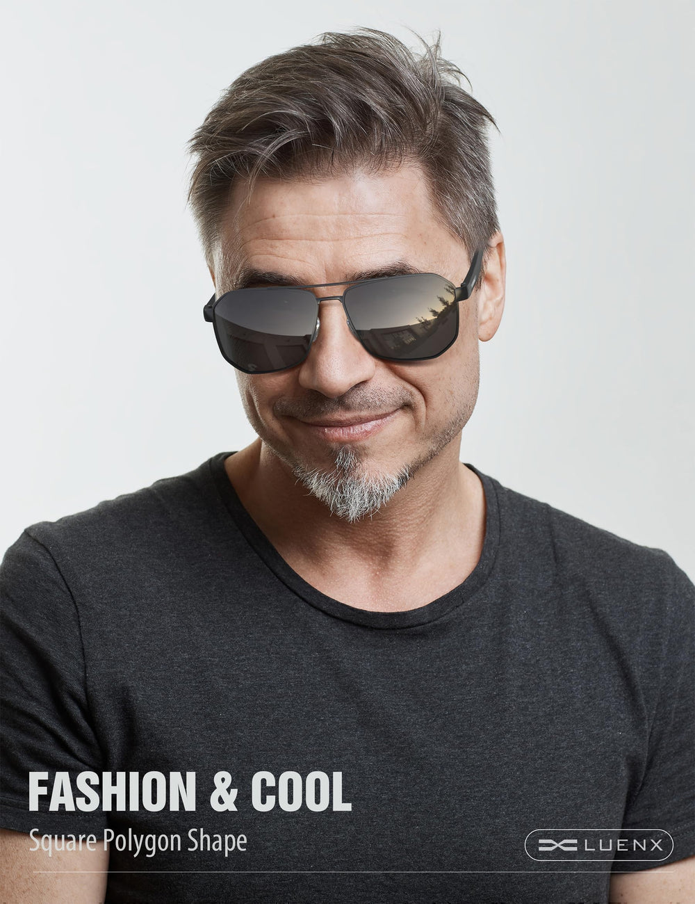 Aviator Sunglasses for Men Driving Square Polarized Polygon Lens - UV 400 Protection with Accessories(Dark Silver Grey Lens)