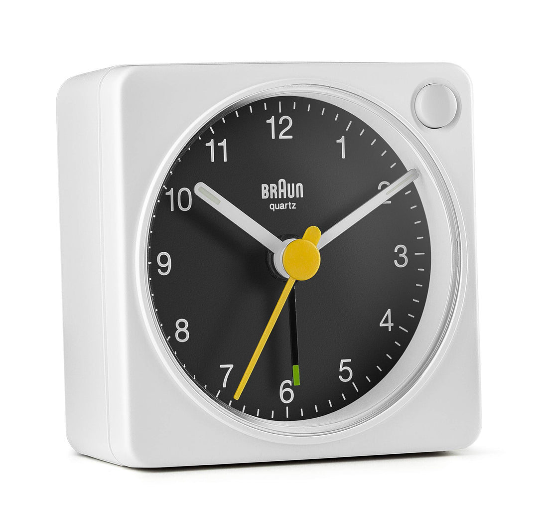Braun Classic Travel Analogue Alarm Clock with Snooze and Light, Compact Size, Quiet Quartz Movement, Crescendo Beep Alarm in White and Black, Model BC02XWB.