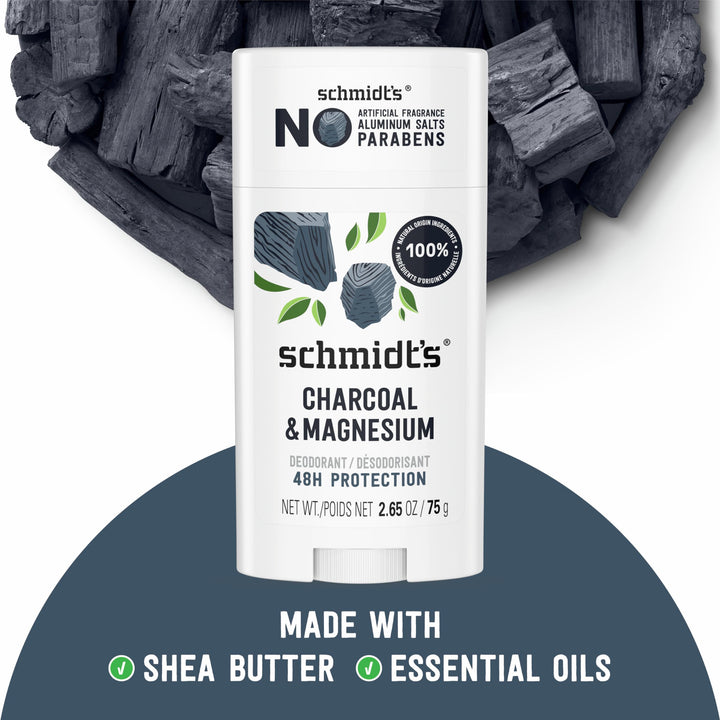 Schmidt&#39;s Aluminum-Free Vegan Deodorant Charcoal &amp; Magnesium with 48 Hour Odor Protection, for Women and Men, Natural Ingredients, Cruelty-Free, 2.65 oz