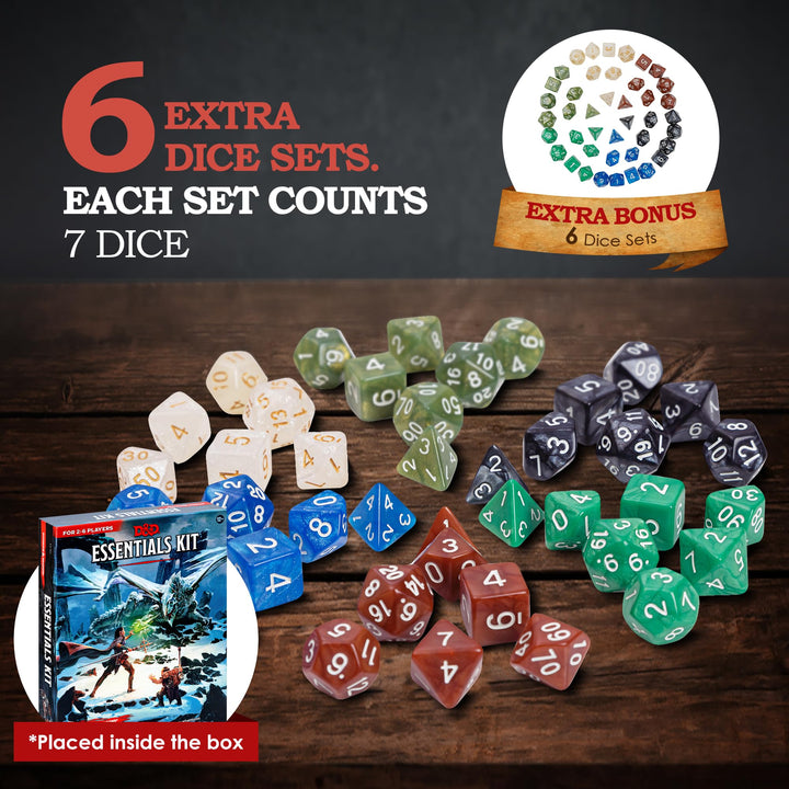 Dungeons and Dragons Essentials Kit - Starter Set Bundled Extra 6 Dice Sets, Flannel Bags, Master Screen, Figures, New Heroes, Dice Guide, Statistic Sheets - DND 5th Edition Rolling Board Game
