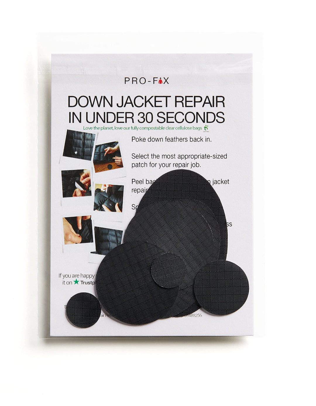 Pro-Fix Down Jacket Repair Patches Easy to Use, Pre-Cut, Self-Adhesive, Waterproof, Tear-Resistant Rip-Stop Nylon Fabric Patches for Jackets &amp; Patches for Clothing, Down Jacket Patches - Black