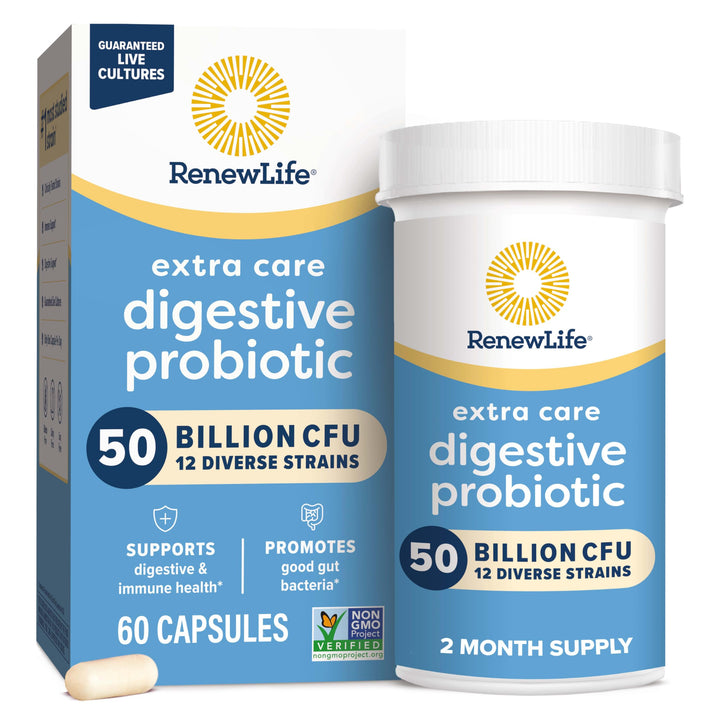 Extra Care Digestive Probiotic Capsules, 50 Billion CFU Guaranteed, Daily Supplement Supports Immune, Digestive, Respiratory Health(1), L. Rhamnosus GG, Dairy, Soy and Gluten-Free, 60 Count