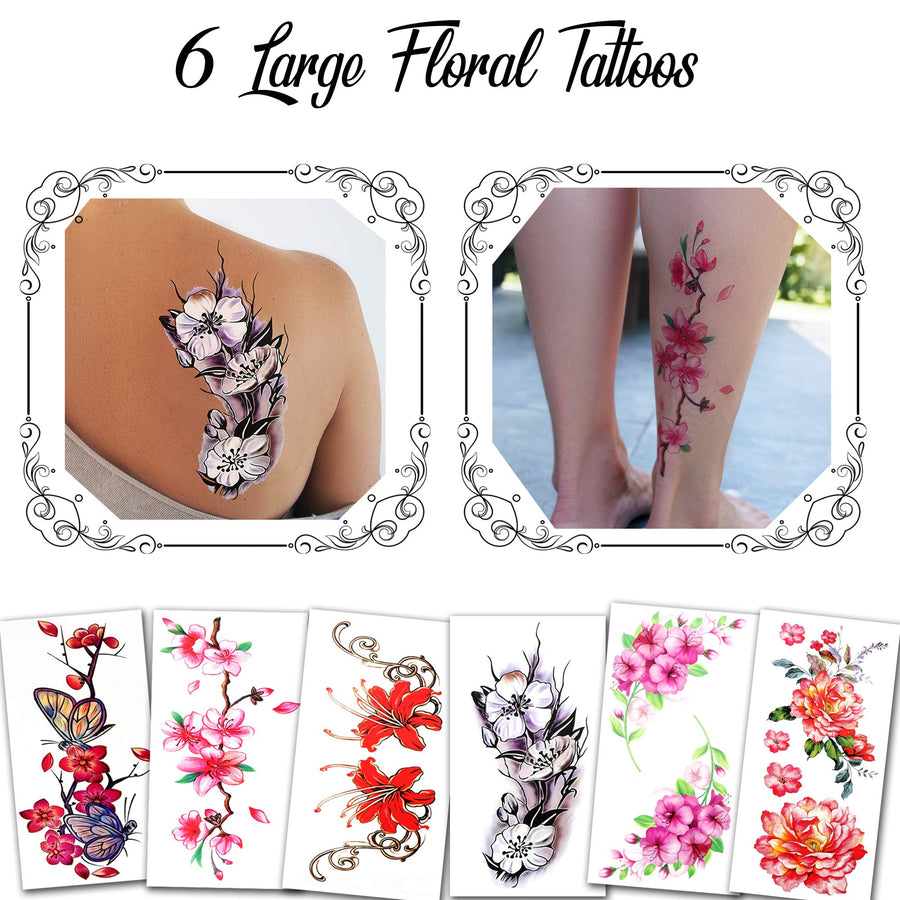 9 Large Temporary Tattoos Assorted Floral Designs - For Women and Girls for Arms Legs Shoulder or Back