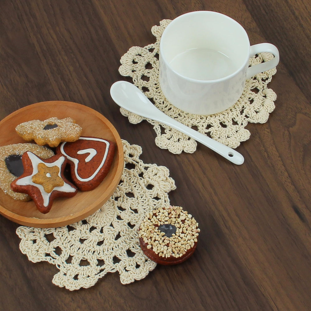 Small Handmade Crochet Round Cotton Lace Table Placemats Doilies for Cup/Glass Value Pack [Set of 4], Medallion, 5 inch, Beige