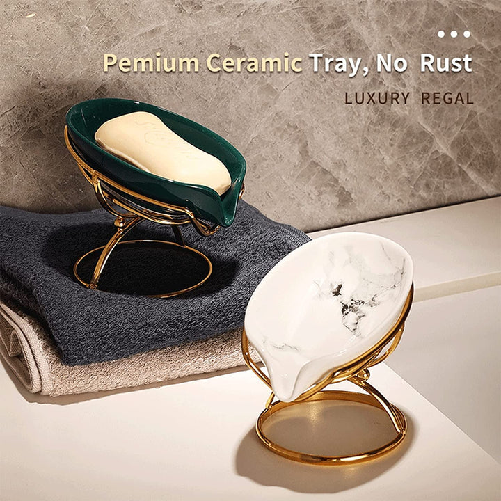 Leaf-Shaped Ceramic Soap Dish with Drain, Soap Holder, Soap Saver, Soap Tray, Bar Soap Holder, Easy Cleaning, for Shower Bathroom Kitchen Sink Bathtub, Pro-Environment White
