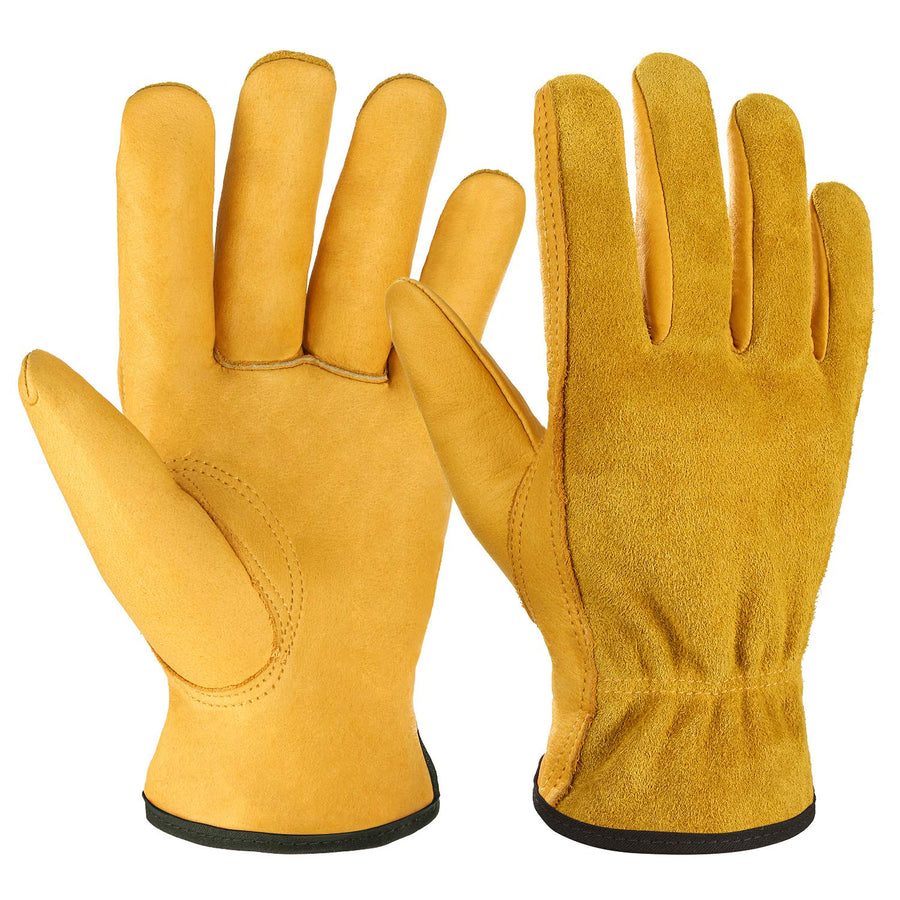 Leather Work Gloves Flex Grip Tough Cowhide Gardening Glove for Wood Cutting/Construction/Truck Driving/Garden/Yard Working for Men and Women 1 Pair (Gold,Medium)
