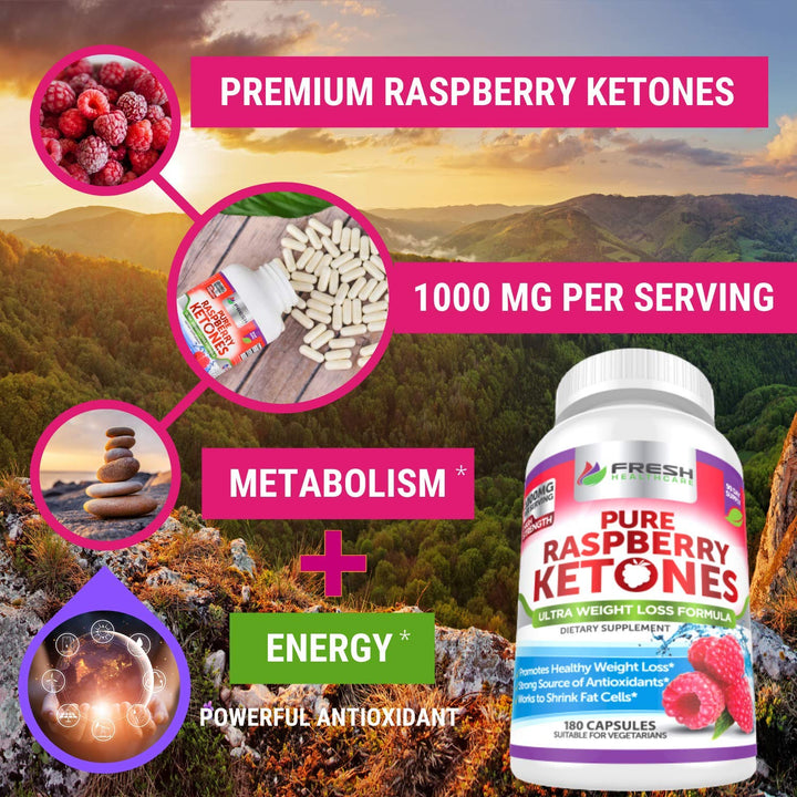 Pure 100% Raspberry Ketones Max 1000mg Per Serving - 3 Month Supply Non GMO - Advanced Weight Loss Support - 180 Capsules