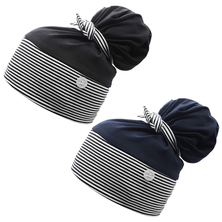 Working Cap with Buttons for Mask Stretchy Ribbon Tie Ponytail Hats for Women,Long Hair Head Covers Striped Hair Caps (E#Navy)