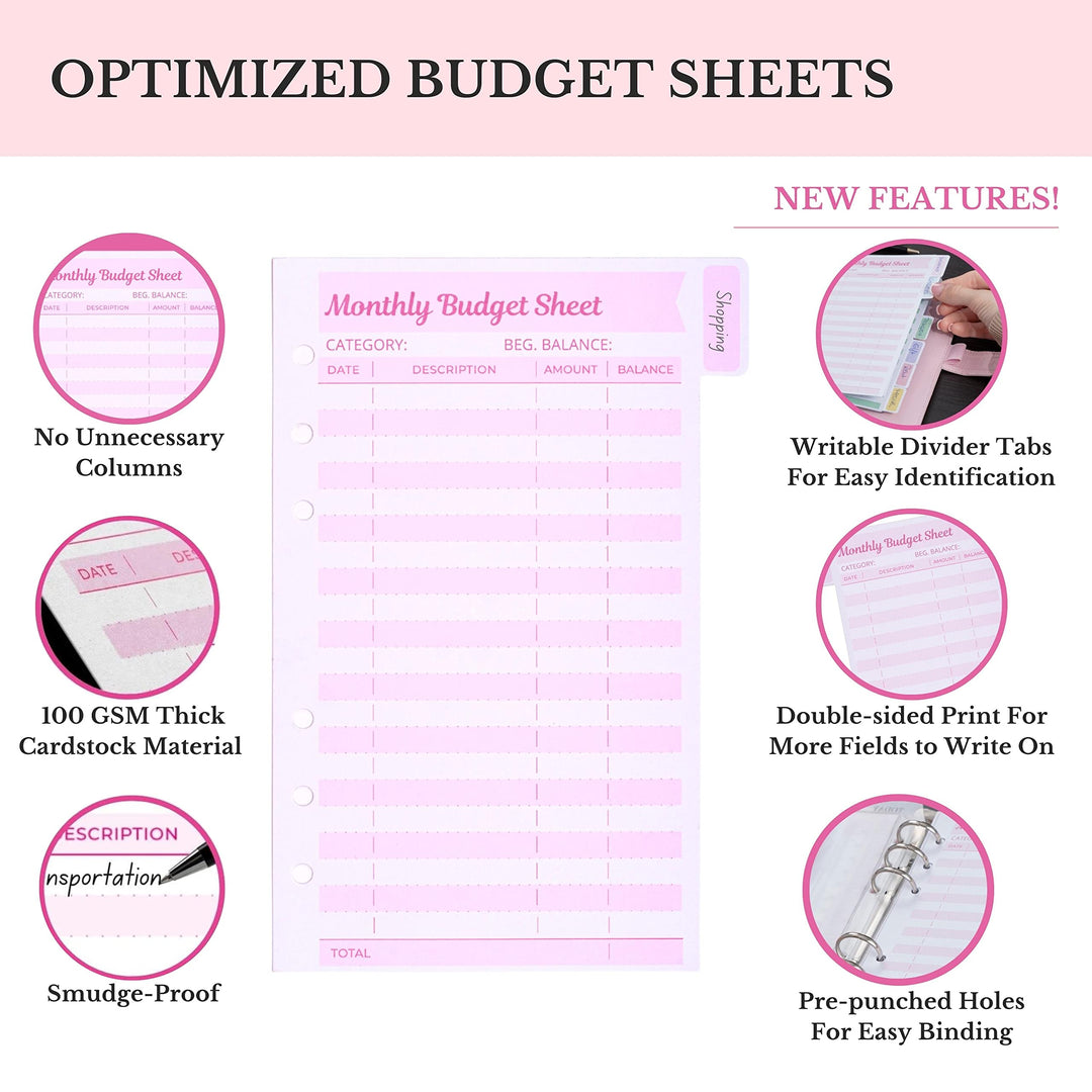 Budget Binder With Zipper Envelopes - A6 Budget Binder Wallet, Bulk Cash Envelope &amp; Budget Planner Expense Sheets, Money saving binder Budget Book, Money binder, organizer &amp; cash stuffing-Pink Leather