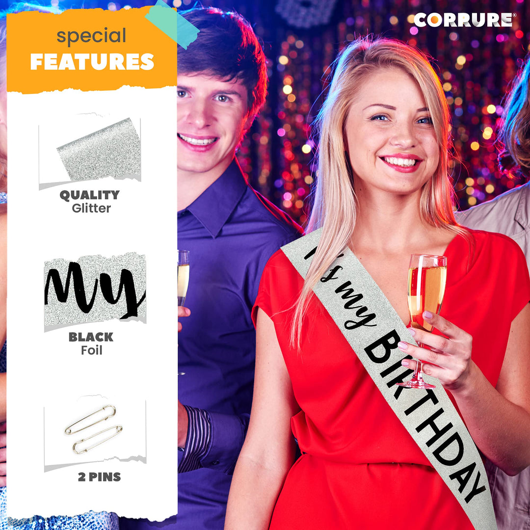 &#39;It&#39;s My Birthday&#39; Sash Glitter with Black Foil - Silver Glitter Birthday Sash for Women and Men - Happy Birthday Sash for Girls, Sweet 16, 18th 21st 25th 30th 40th 50th