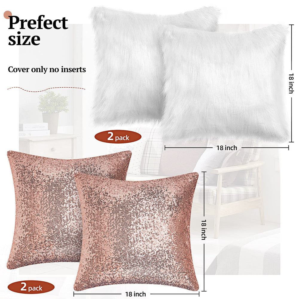 Irenare 4 Pcs Sequin and Fluffy Pillow Covers Winter Fa