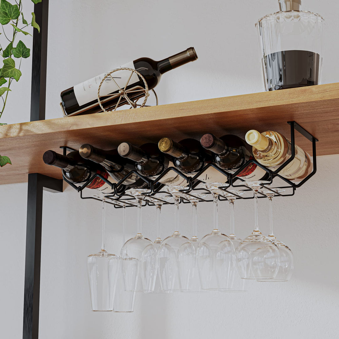 Piccola Under Cabinet Wine Rack &amp; Glasses Holder, Kitchen Organization with 6 Bottle Organizer Metal Black