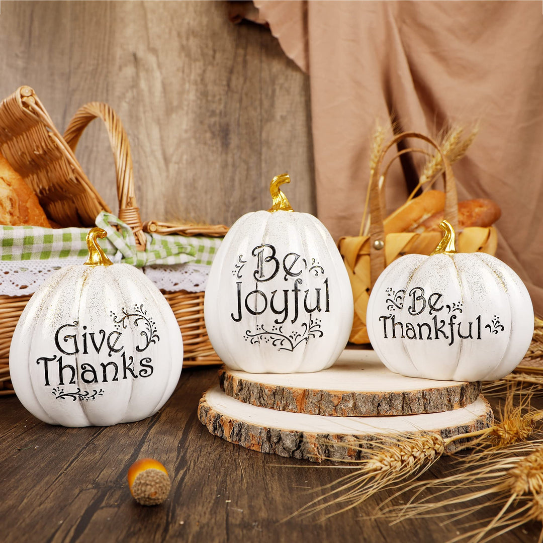 Thanksgiving Tabletop Decorations, Set of 3 Resin Pumpkins Seasonal Fall Autumn Centerpieces for Table Room Kitchen Office (White)
