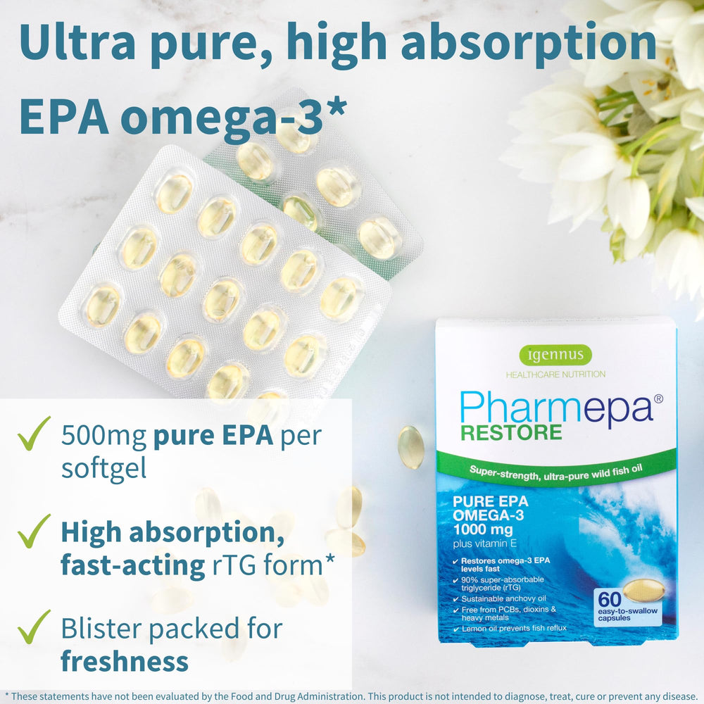 Igennus Pharmepa Restore, 1000mg Pure EPA Omega-3 Triglyceride Form Fish Oil, IFOS Certified, Highly Absorbable rTG Form, 90% Concentration, Wild & Sustainable, Lemon Flavour, 60 Softgels