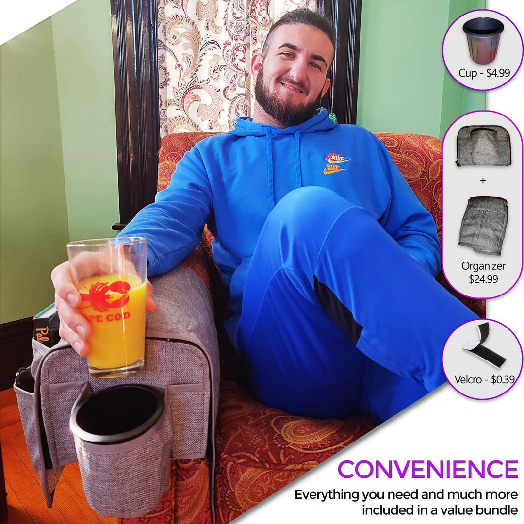 Couch Cup Holder Caddy - Armchair Caddy Remote Control Holder Armrest Organizer Recliner Cup Holder Non Slip Arm Chair Couch Cup Holder 6 Storage Pockets wt Drink Caddie Gray (8 Inches)