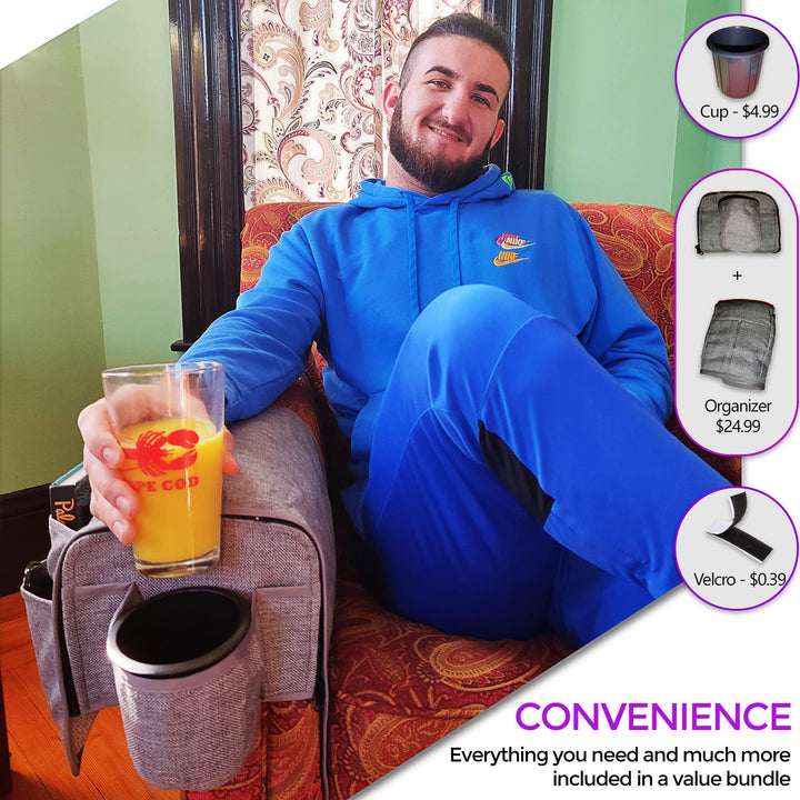 Couch Cup Holder Caddy - Armchair Caddy Remote Control Holder Armrest Organizer Recliner Cup Holder Non Slip Arm Chair Couch Cup Holder 6 Storage Pockets wt Drink Caddie Gray (8 Inches)