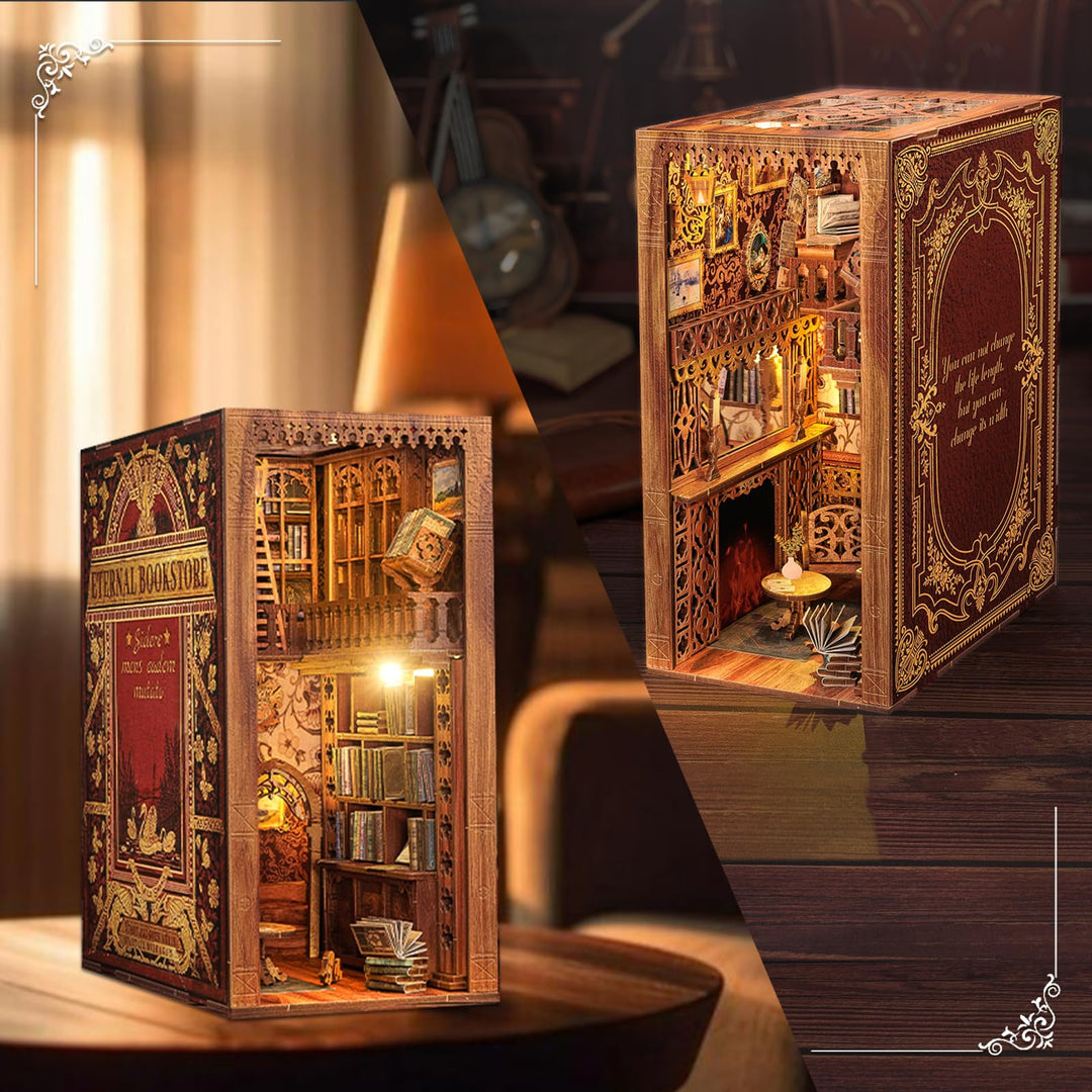 Book Nook Kit - DIY Miniature House Dollhouse Kit for Adult and Teens, Booknook Bookshelf Decor Alley Model Build with LED Light, Gifts for Family and Friends (Eternal Bookstore)