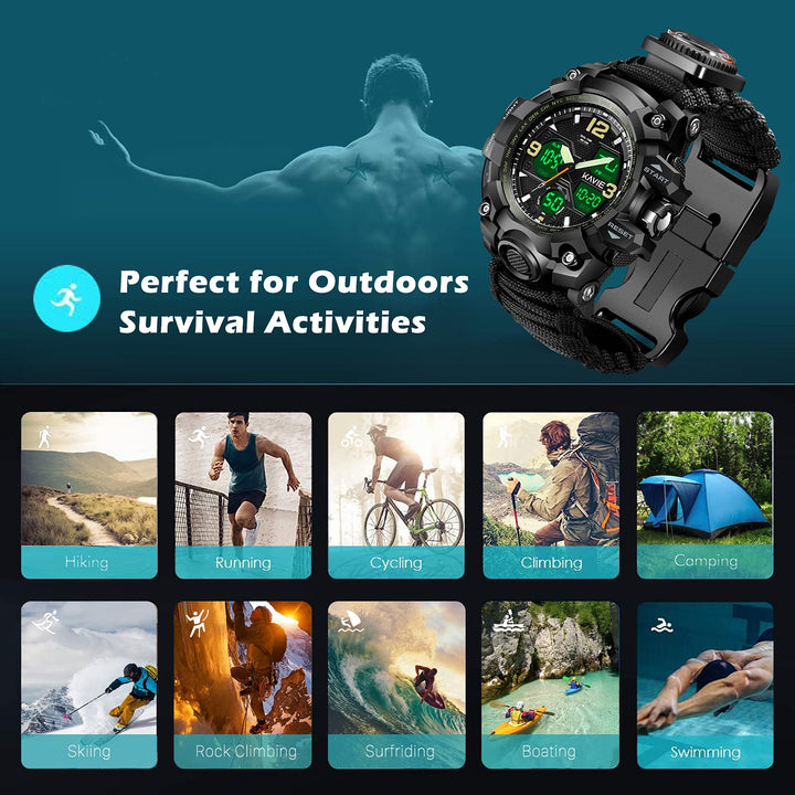 Mens Tactical Military Digital Watch, 23-in-1 Survival Multi-Functional Army Outdoors Waterproof Sports Watches LED Electronic Wristwatches with Compass Paracord Band