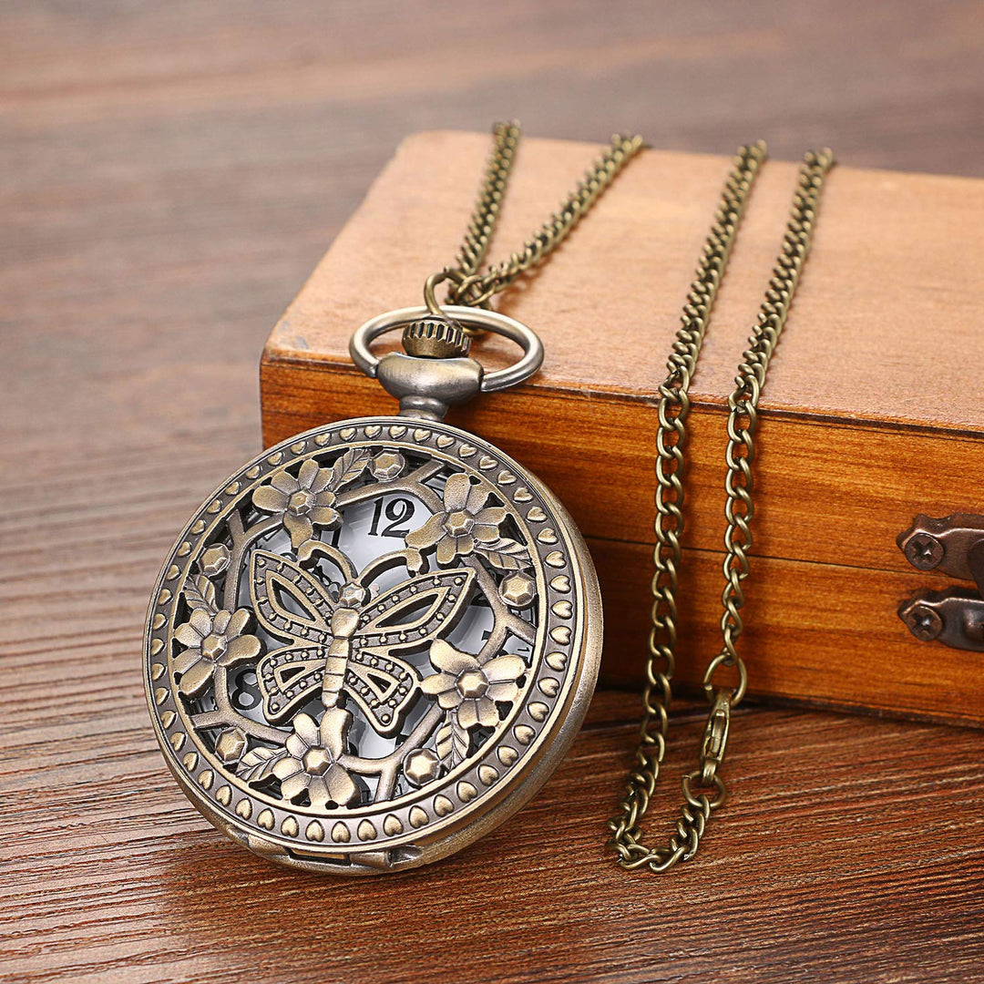 Antique Bronze Retro Hollow Rose Flowers Openwork Quartz Pocket Watch for Women