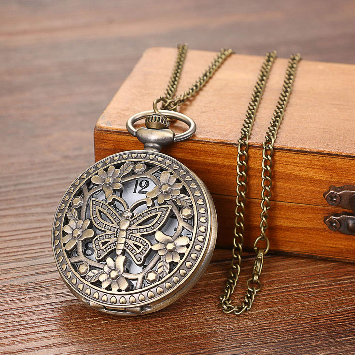 Antique Bronze Retro Hollow Rose Flowers Openwork Quartz Pocket Watch for Women