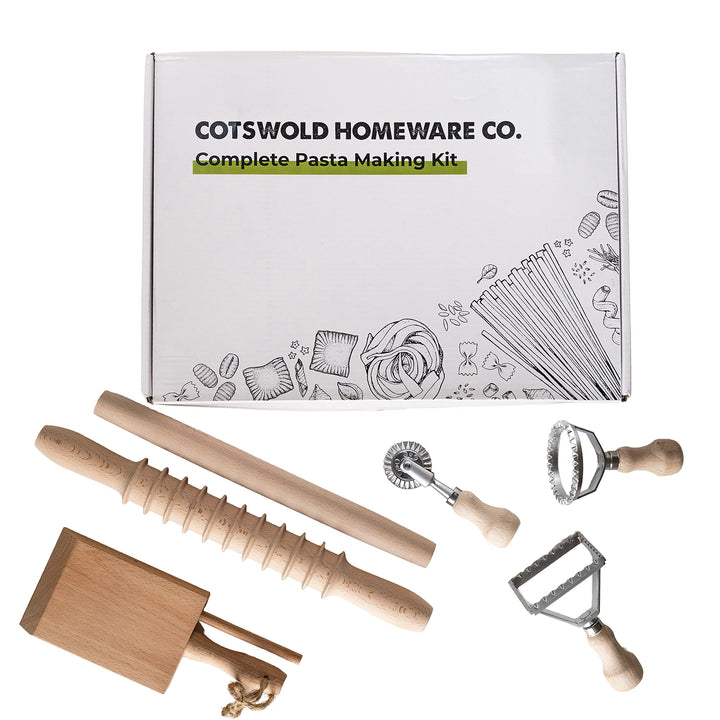 Complete 6 Pcs Pasta Making Tool Set Includes Two Ravioli Stamp Maker Cutter And Roller Wheel Set, Two Pasta Rolling Pins, Gnocchi Board By