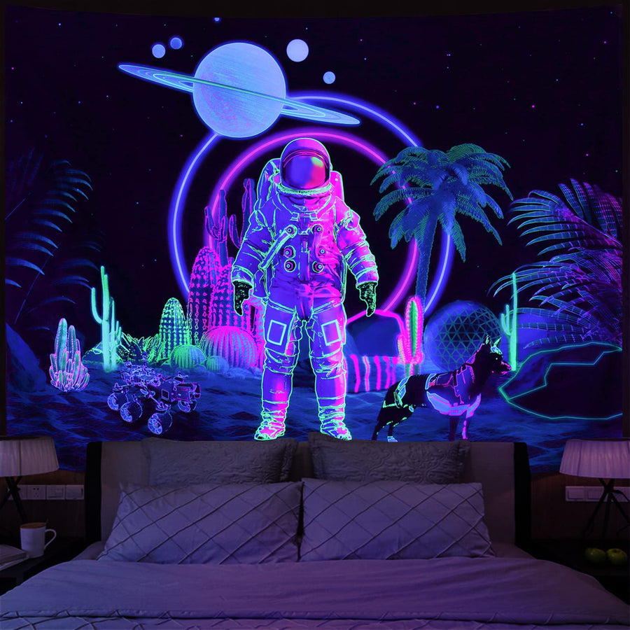 Amonercvita Blacklight Astronaut Tapestry UV Reactive P