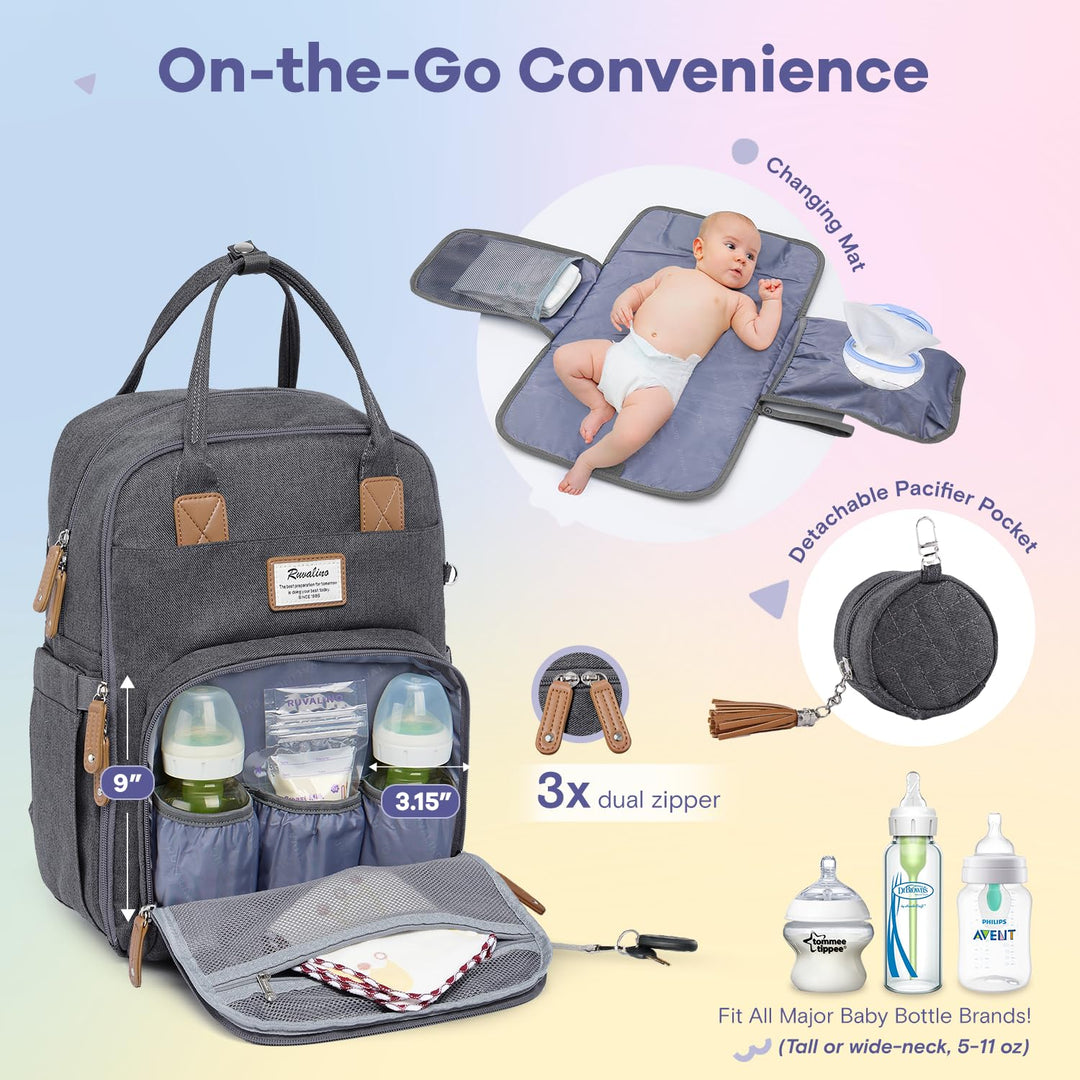 Diaper Bag Backpack, Multifunction Travel Pack Maternity Baby Changing Bags, Large Capacity, Waterproof, Dark Gray