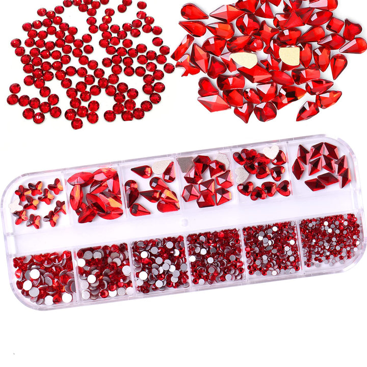 3D Red Rhinestones for Nails Design 810Pcs Nail Art Rhinestone Beads Flatback Gems for Nail Multi 6 Shapes Nails Crystal Diamonds for Nail DIY Craft Makeup Jewelry (A-Red)