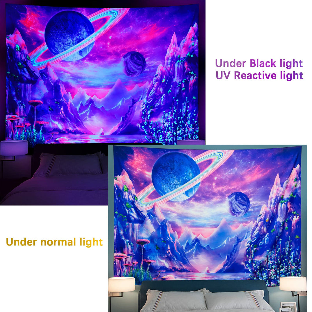 Blacklight Planet Tapestry UV Reactive Galaxy Space Tapestry Mountain Black light Tapestries Neon Aesthetic Tapestry for Bedroom Living Room (Blacklight Planet, 39.4 × 52.4 inches)