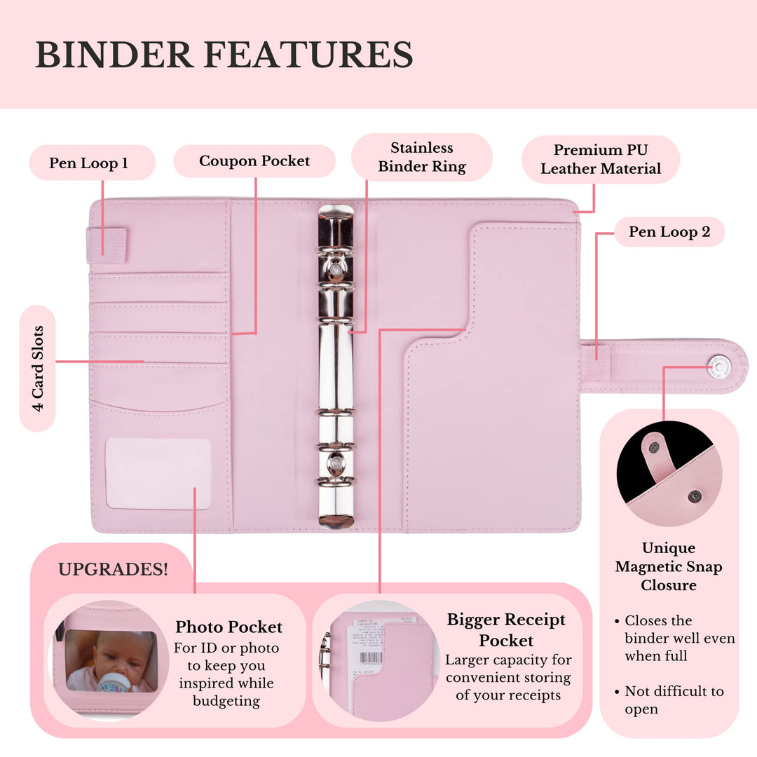 Budget Binder With Zipper Envelopes - A6 Budget Binder Wallet, Bulk Cash Envelope &amp; Budget Planner Expense Sheets, Money saving binder Budget Book, Money binder, organizer &amp; cash stuffing-Pink Leather