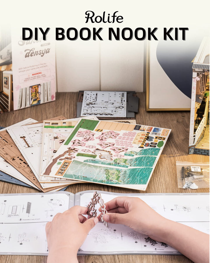 LED Book Nook Kit-Decorative Bookend Stand-3D Wooden Puzzle for Adults-Bookshelf Insert Booknook-Room Decor for Teen Girls Boys Women Men