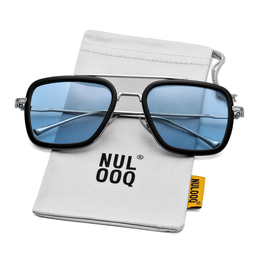 Tony Stark Polarized Sunglasses for Men – Women Vintage Aviator Square Metal Frame Iron Man Edith Glasses (Silver/Blue)