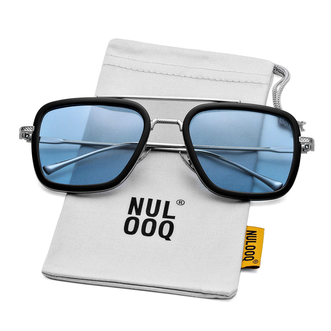 Tony Stark Polarized Sunglasses for Men – Women Vintage Aviator Square Metal Frame Iron Man Edith Glasses (Silver/Blue)