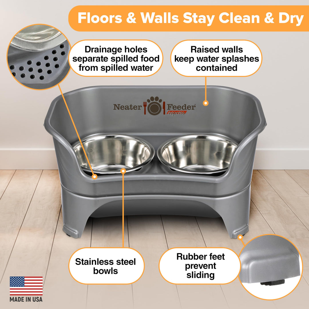 - Express Model - Mess-Proof Dog Bowls (Medium/Large, Gunmetal Grey) – Made in USA – Elevated, No Spill, Non-Tip, Non-Slip, Raised Stainless Steel Food &amp; Water Pet Bowls
