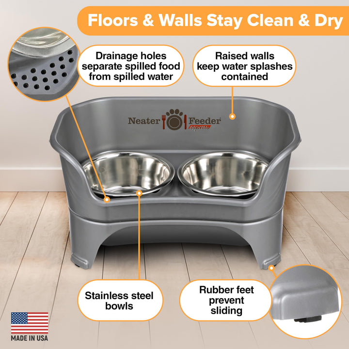 - Express Model - Mess-Proof Dog Bowls (Medium/Large, Gunmetal Grey) – Made in USA – Elevated, No Spill, Non-Tip, Non-Slip, Raised Stainless Steel Food &amp; Water Pet Bowls