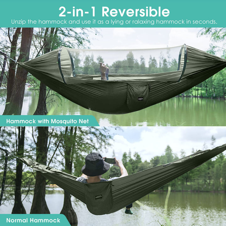 Large Camping Hammock with Mosquito Net 2 Person Pop-up Parachute Lightweight Hanging Hammocks Tree Straps Swing Hammock Bed for Outdoor Backpacking Backyard Hiking (New Army Green)