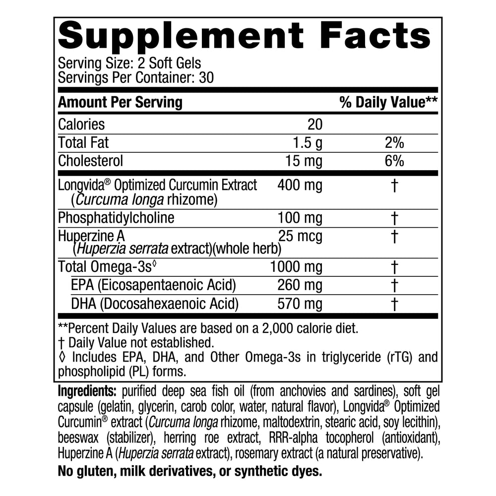 Omega Memory with Curcumin, Lemon - 60 Soft Gels - 1000 mg Omega-3 + 400 mg Optimized Curcumin - Memory, Cognition - Contains Phosphatidylcholine & Huperzine A - Non-GMO - 30 Servings