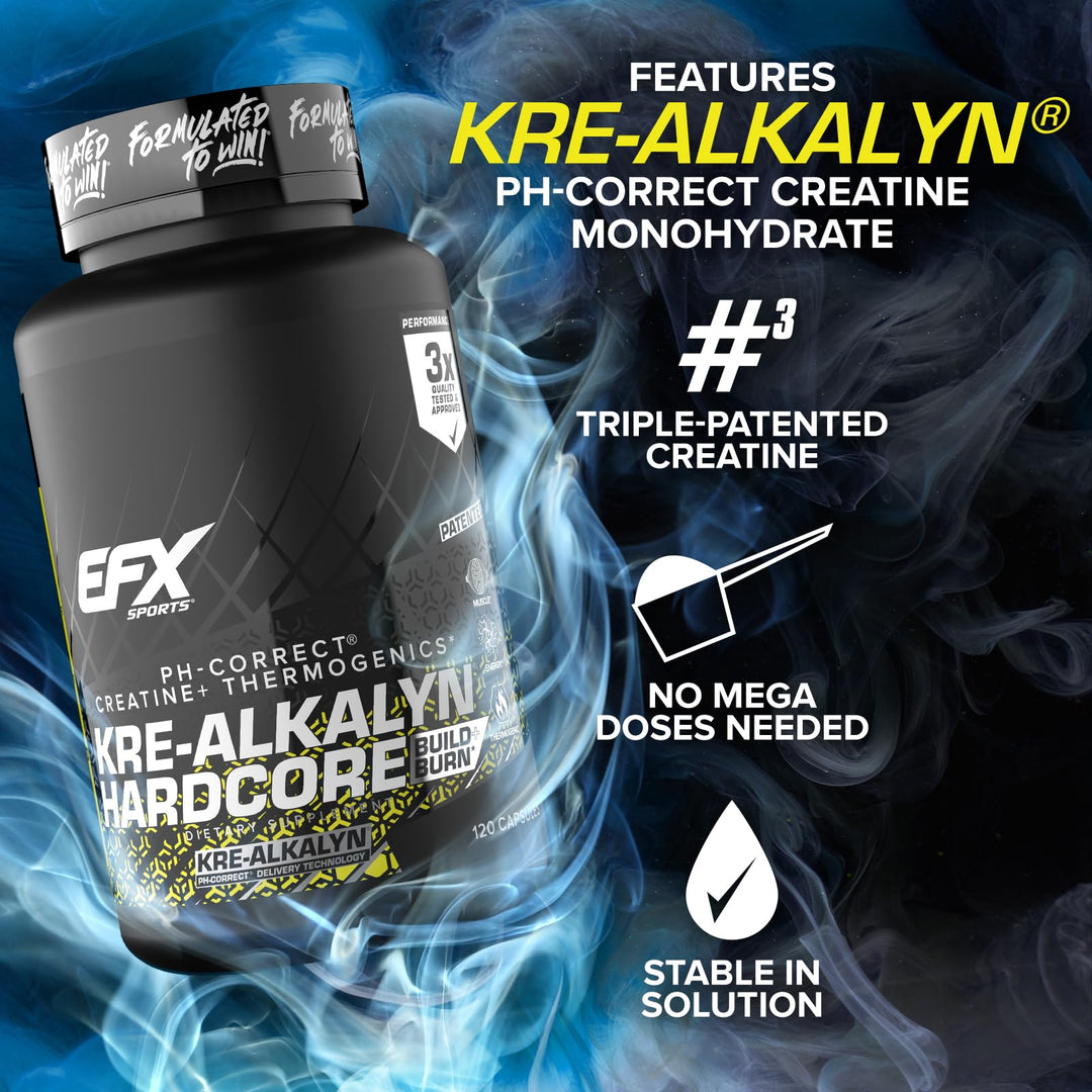 Kre-Alkalyn Hardcore | Thermogenic pH Correct Creatine Monohydrate Pill Supplement | Energy &amp; Strength Pre Workout | 40 Servings, 120 Capsules