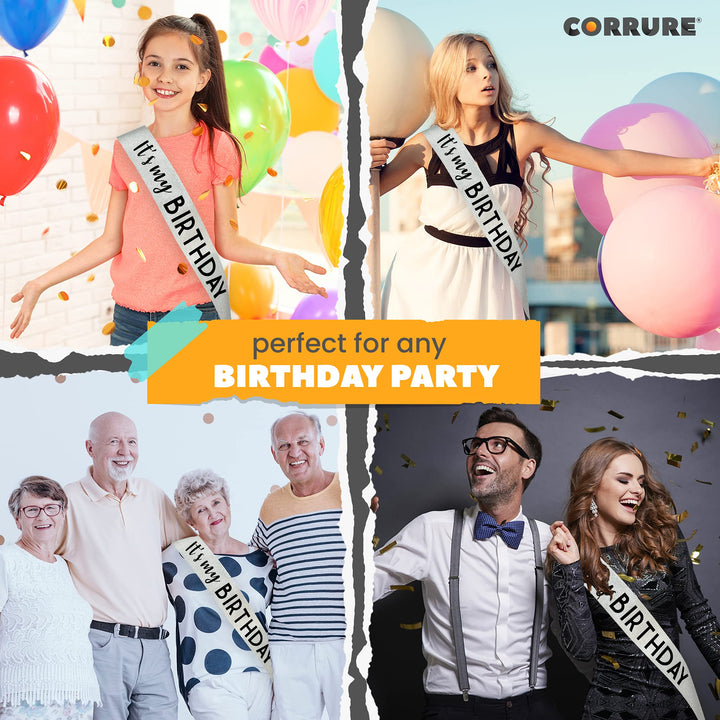 &#39;It&#39;s My Birthday&#39; Sash Glitter with Black Foil - Silver Glitter Birthday Sash for Women and Men - Happy Birthday Sash for Girls, Sweet 16, 18th 21st 25th 30th 40th 50th