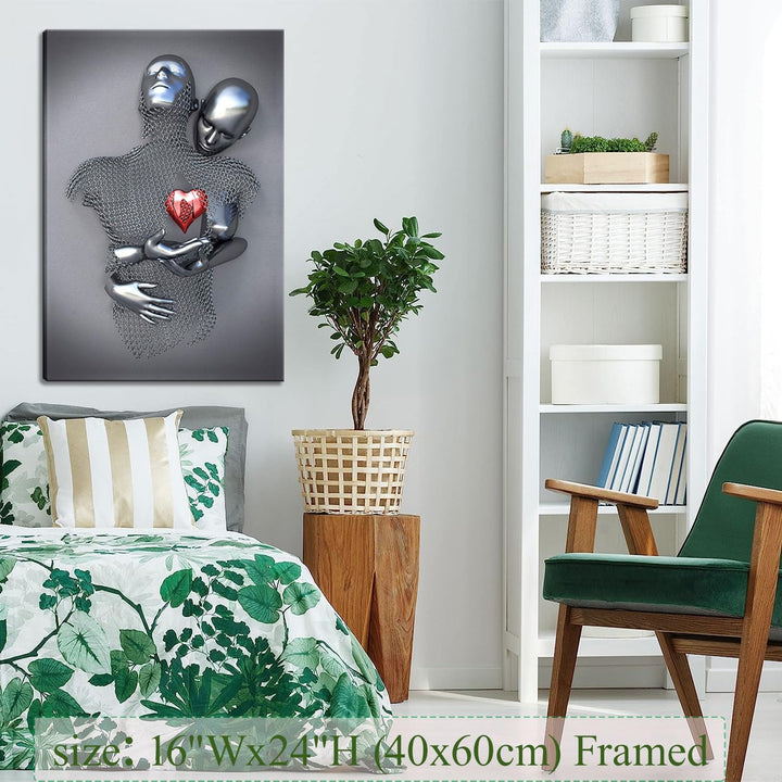 Bedroom Wall Decor,Framed Romantic Couple Living Room Canvas wall art,Love Heart 3D Metal Sculpture Effect,Black and White Modern Abstract hug Lovers Painting Picture Poster Prints for Bathroom Hotel
