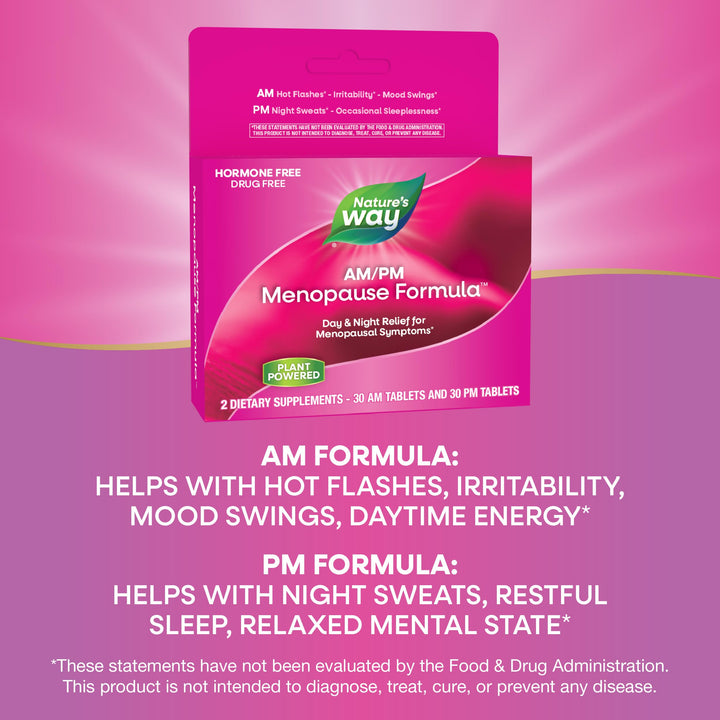 Nature&#39;s Way AM/ PM Menopause, Hot Flash Relief*, Night Sweats*, Restful Sleep*, Mood Swings*, Hormone-Free Formulas with Black Cohosh, L-Theanine, Valerian, 60 Tablets (Packaging May Vary)
