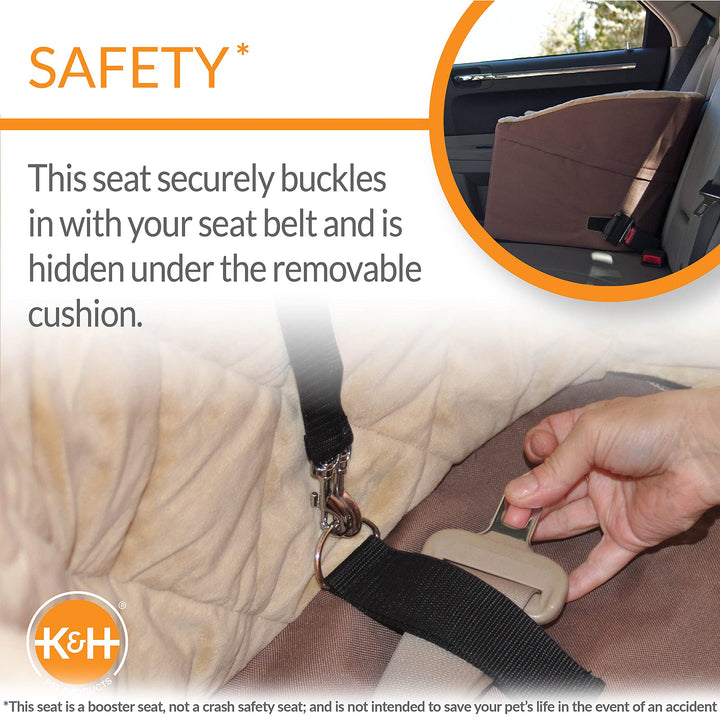 K&amp;H Pet Product Bucket Booster Dog Car Seat with Dog Seat Belt for Car, Washable Small Dog Car Seat, Sturdy Dog Booster Seats for Small Dogs, Medium Dogs, 2 Safety Leashes, Small Tan/Tan